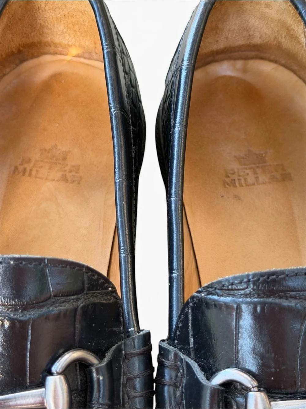 Peter Millar Crown Black Croc-Embossed HorseBit Loafers in Black Leather